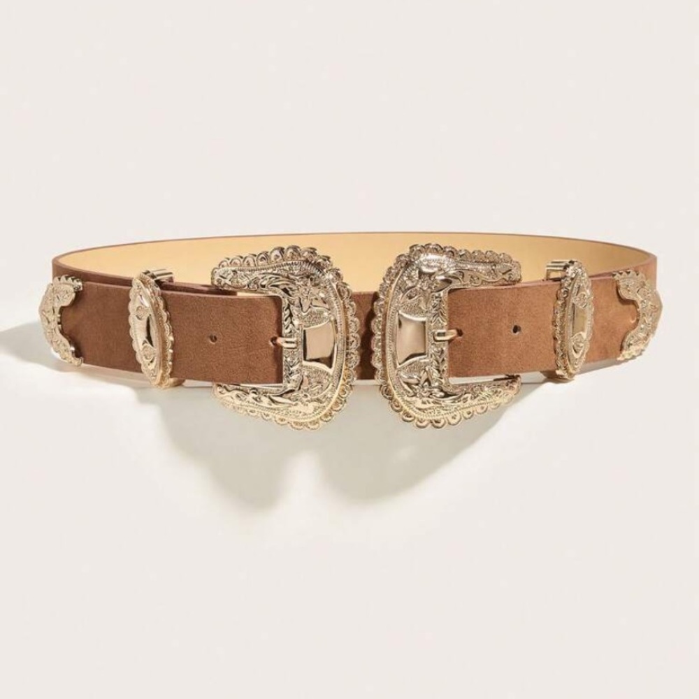 1pc Women's Brown Decorated W/ Double Buckles Western-Style Belt size 80
